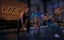 Utilize imagens reais dos alunos do Lacy Fitness praticando exercícios com kettlebells e fita de suspensão para aumentar o tempo de permanência na página e a confiança do usuário.