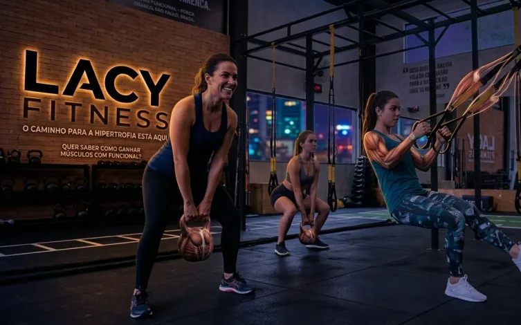 Utilize imagens reais dos alunos do Lacy Fitness praticando exercícios com kettlebells e fita de suspensão para aumentar o tempo de permanência na página e a confiança do usuário.